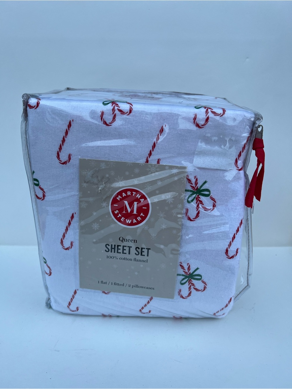 Martha Stewart Candy Cane Print Flannel Sheet Set - White, Red, Green